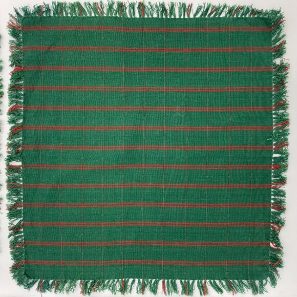 4 Cloth Napkins Green Red‎ Fringe Square Christmas Holiday One Unique Striped - Picture 2 of 15